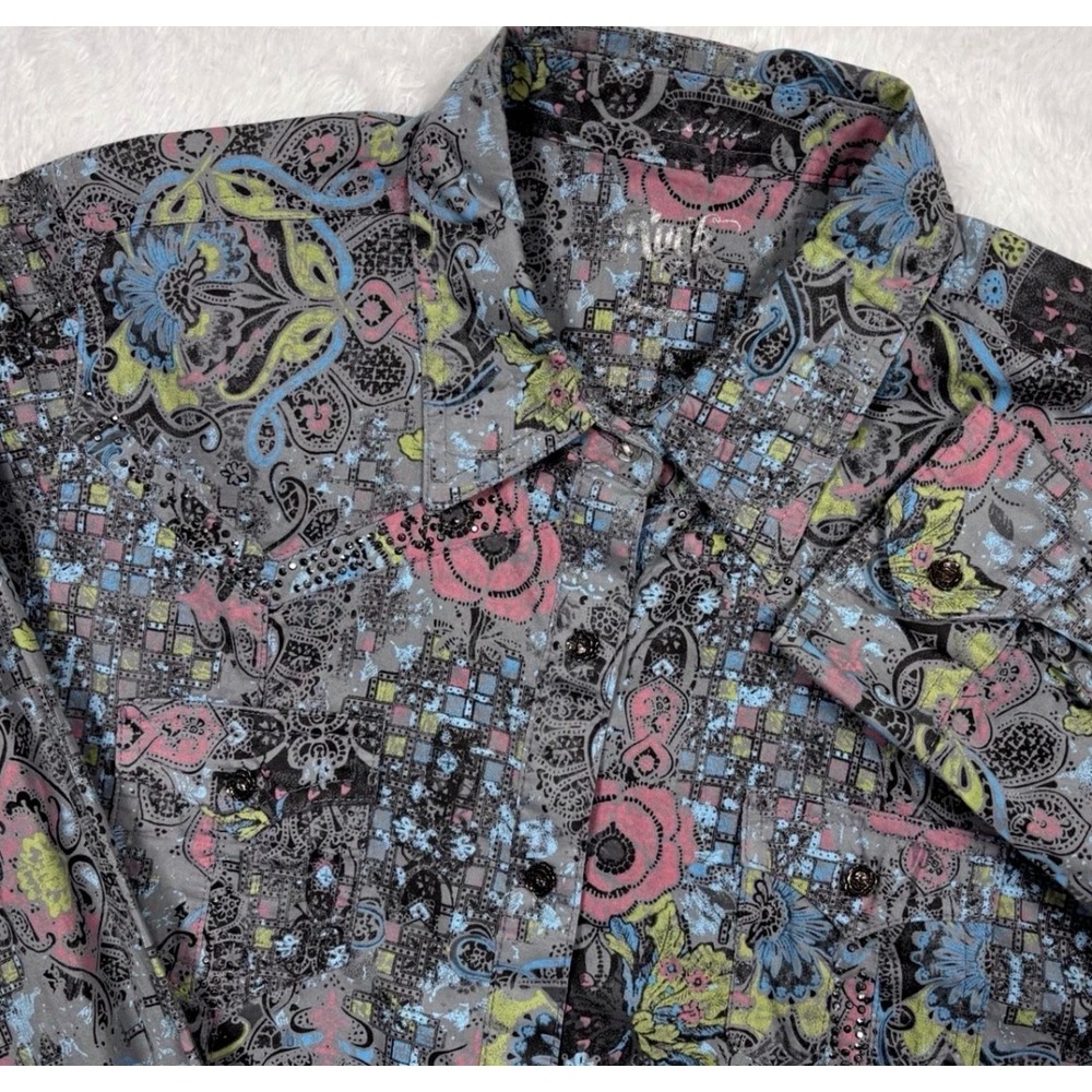 Rock‎ 47 by Wrangler Womens Western Shirt Paisley Floral Rhinestone Grey Pink M